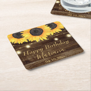 Rustic Floral Sunflowers Birthday Party Square Paper Coaster
