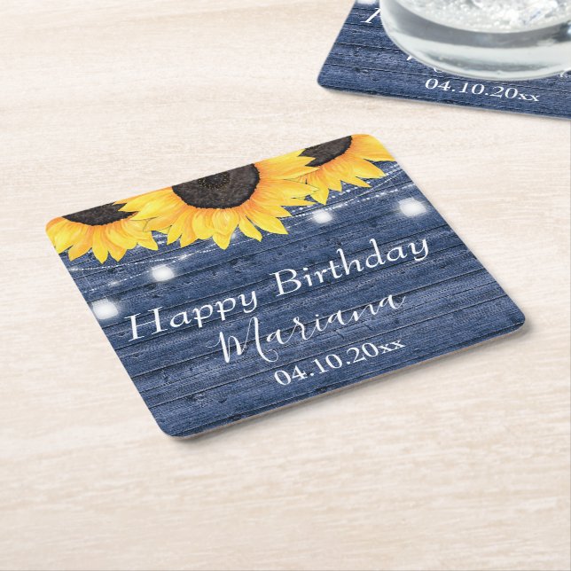 Rustic Floral Sunflowers Blue Birthday Party Square Paper Coaster (Angled)
