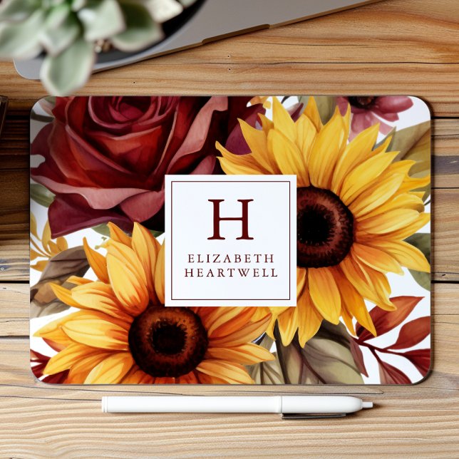 Rustic Floral Sunflowers Burgundy Monogram Mouse Pad (Creator Uploaded)