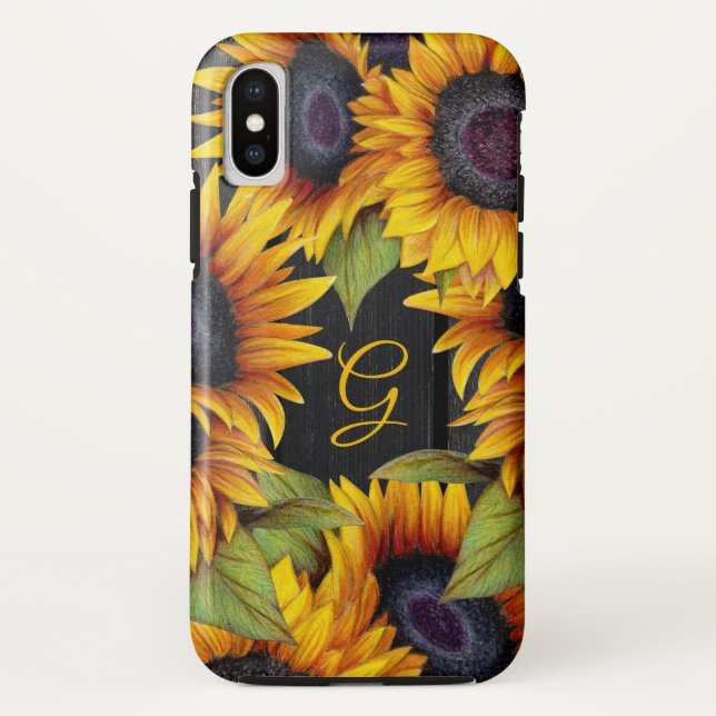 Rustic floral sunflowers yellow barn wood monogram Case-Mate iPhone case (Back)