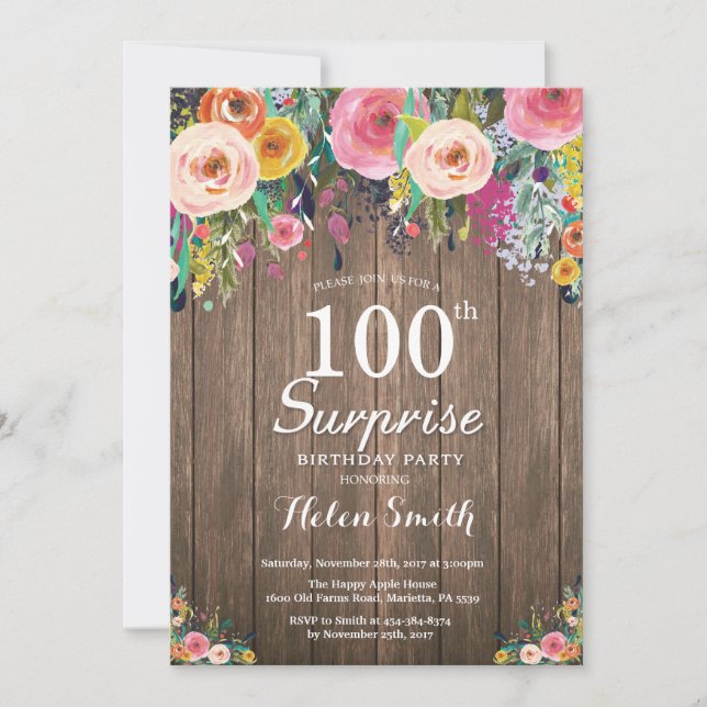 Rustic Floral Surprise 100th Birthday Invitation (Front)