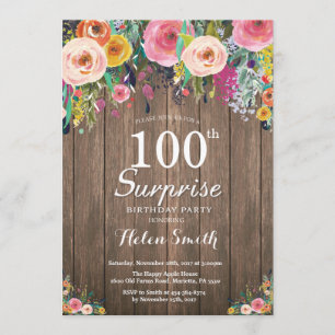 Rustic Floral Surprise 100th Birthday Invitation