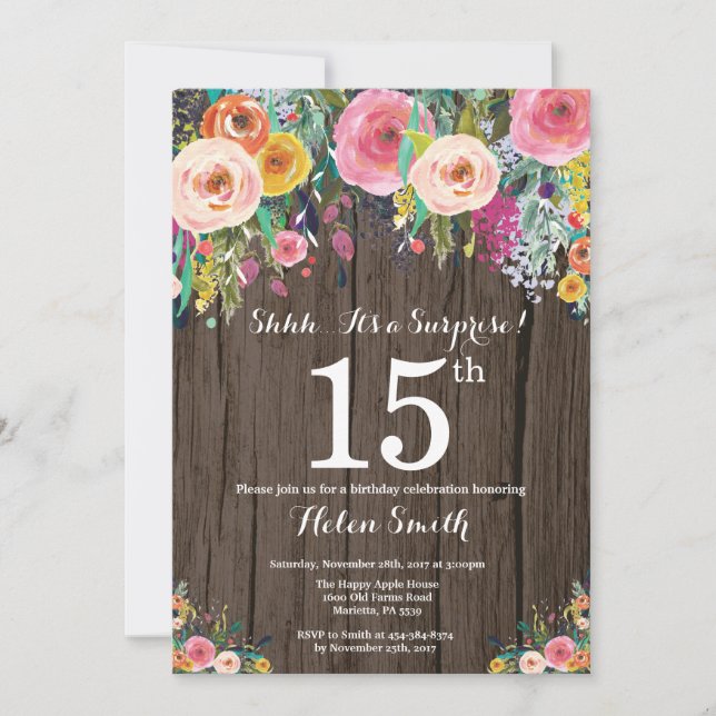 Rustic Floral Surprise 15th Birthday Invitation (Front)