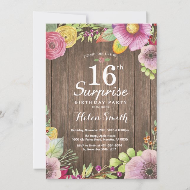 Rustic Floral Surprise 16th Birthday Invitation (Front)