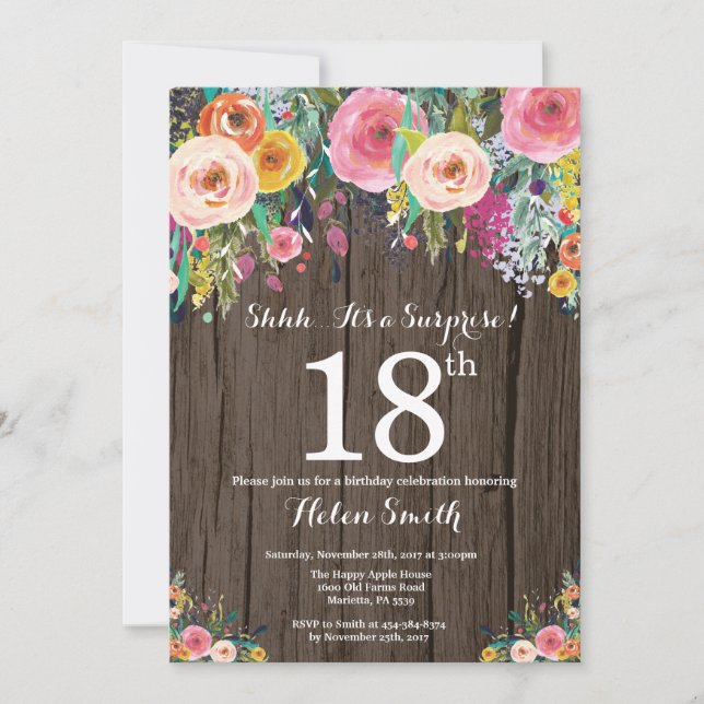 Rustic Floral Surprise 18th Birthday Invitation (Front)