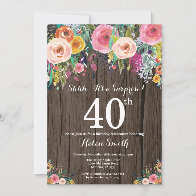 Rustic Floral Surprise 40th Birthday Invitation (Front)