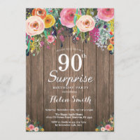 Rustic Floral Surprise 90th Birthday Invitation