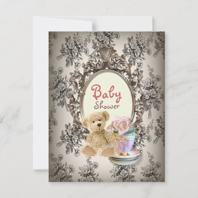 rustic floral teddy bear baby shower invitations (Front)