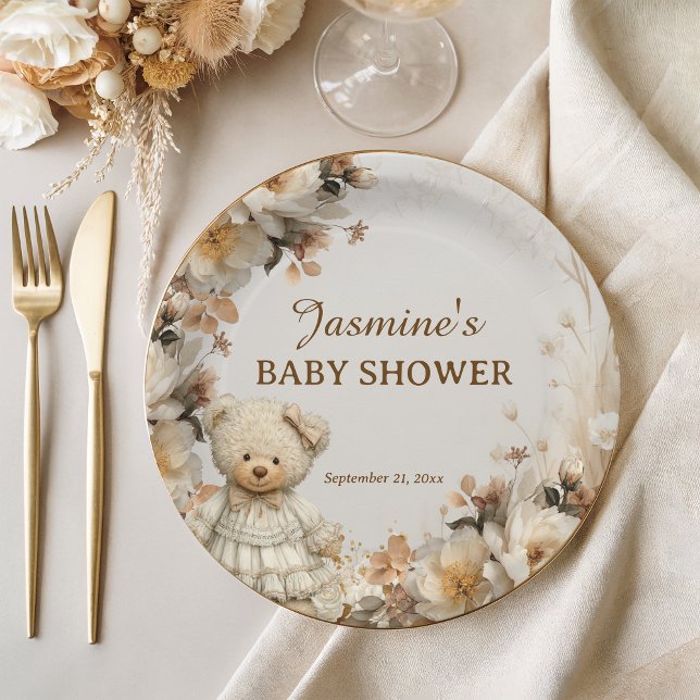 Rustic Floral Teddy Bear Baby Shower Paper Plate (Creator Uploaded)