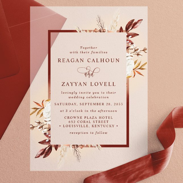 Rustic Floral Terracotta Pampas Grass Boho Wedding Vellum Invitations (Creator Uploaded)