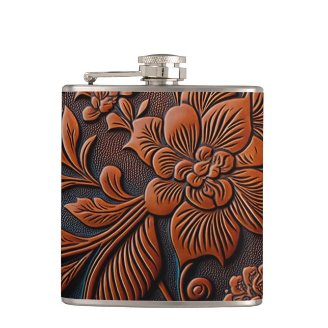 Rustic Floral Tooled Leather Hip Flask (Front)