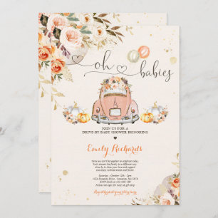 Rustic Floral Twin Pumpkin Drive By Baby Shower Invitation