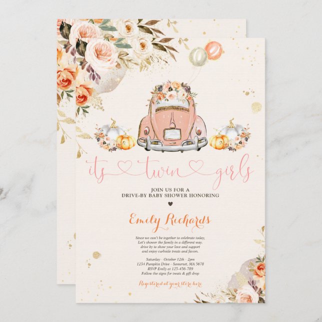 Rustic Floral Twin Pumpkin Drive By Baby Shower Invitation (Front/Back)