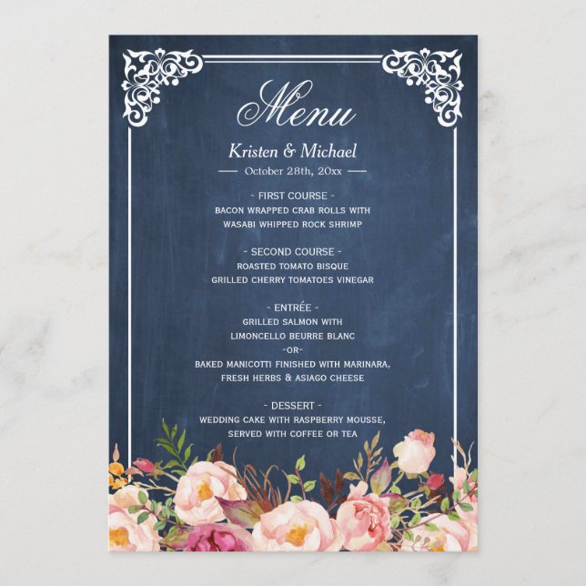 Rustic Floral Vintage Blue Chalkboard Wedding Menu (Front)