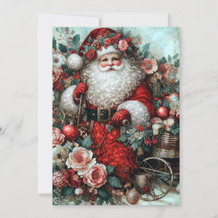 Rustic Floral Vintage Santa Christmas Card