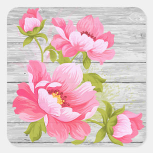 Rustic Floral Watercolor Pink Peony Grey Wood Square Sticker