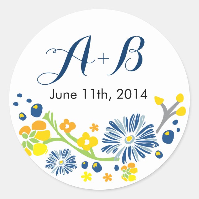 Rustic Floral Wedding Circle Sticker Navy (Front)