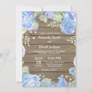 Rustic Floral Wedding Invitation Blue Watercolor