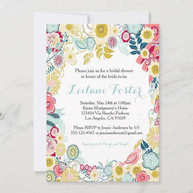 Rustic Floral Wedding Invitation Pink Blue Yellow (Front)