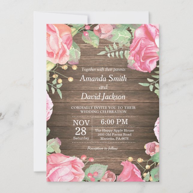 Rustic Floral Wedding Invitation Pink Watercolor (Front)