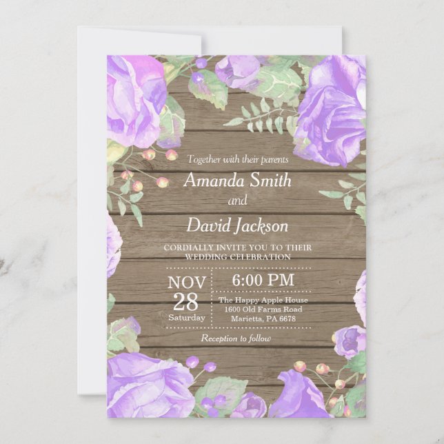 Rustic Floral Wedding Invitation Purple Watercolor (Front)