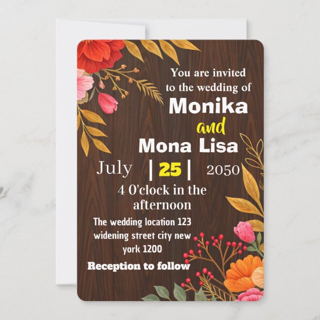 Rustic Floral Wedding Invitation with Wooden  (Front)