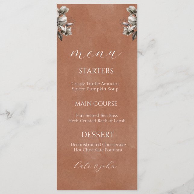 Rustic Floral Wedding Menu Card - Autumn Terracott (Front)