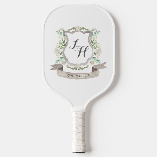 Rustic Floral Wedding Monogram and Photo Pickleball Paddle (Front)