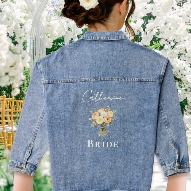 Rustic Floral Wedding Personalised Bride Denim Jacket (A denim jacket for a bride, with peach, yellow and white roses and custom name in script typoography)