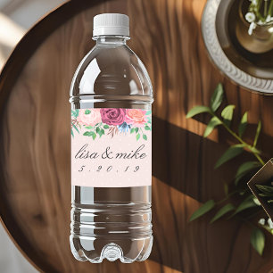 Rustic Floral Wedding Pink Water Bottle Label