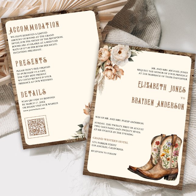 Rustic Floral Western Cowboy Boots QR Code Wedding Invitation (Creator Uploaded)
