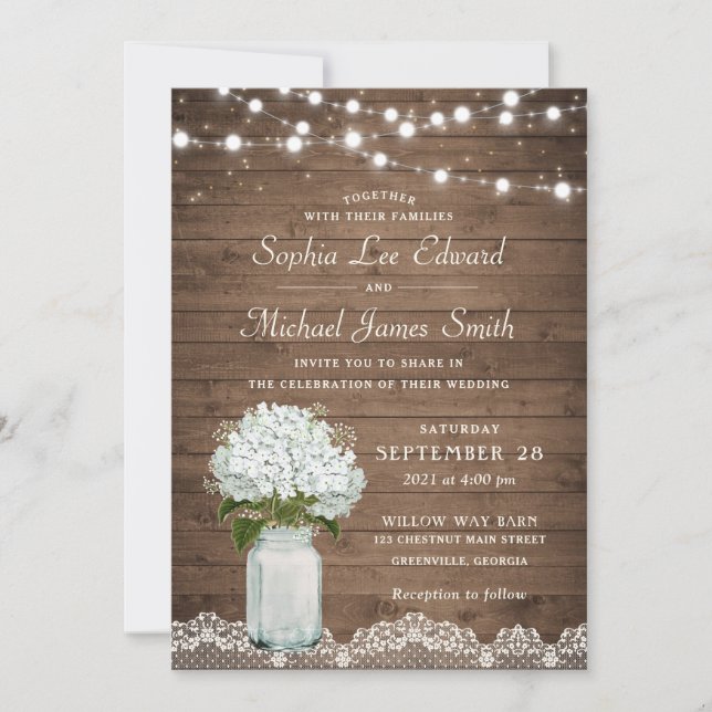 Rustic Floral White Hydrangea Mason Jar Lace Light Invitation (Front)