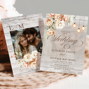 Rustic Floral White Rose and Blush Pink Wedding Invitation