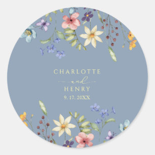 Rustic Floral Wildflowers Simple  Blue Wedding Classic Round Sticker
