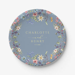Rustic Floral Wildflowers Simple  Blue Wedding Paper Plate