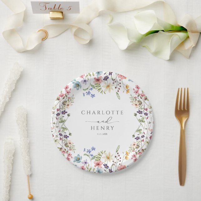 Rustic Floral Wildflowers Simple Wedding Paper Plate (Wedding)