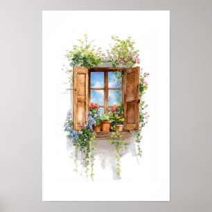 Rustic Floral Window – Cottage Style Poster