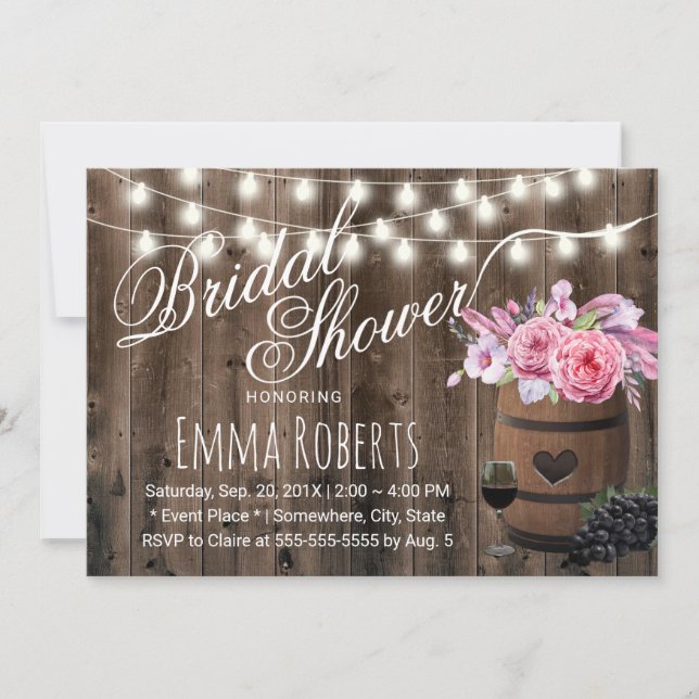 Rustic Floral Wine Barrel Barn Wood Bridal Shower Invitation (Front)