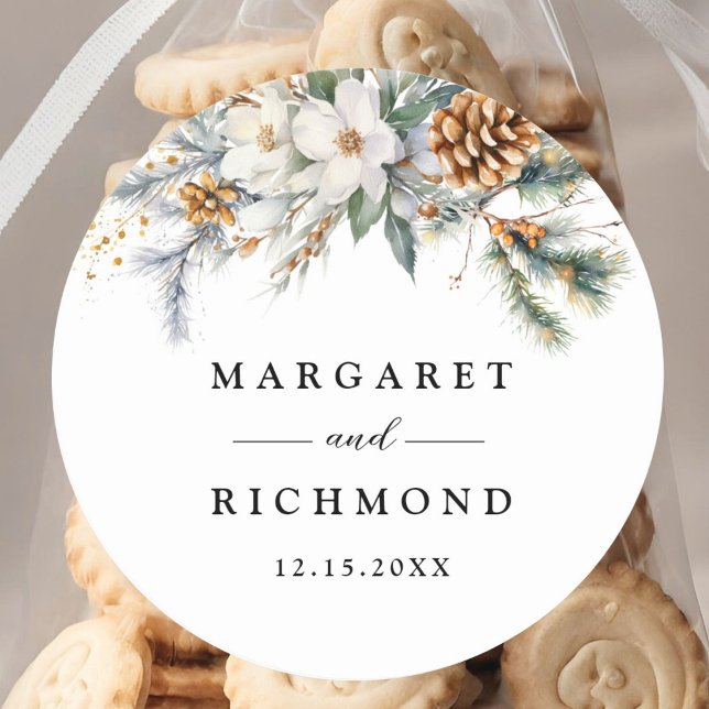 Rustic Floral Winter Wedding  Classic Round Sticker (Creator Uploaded)