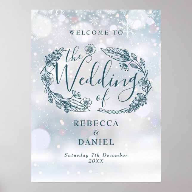 Rustic Floral Winter Wedding Welcome Sign (Front)