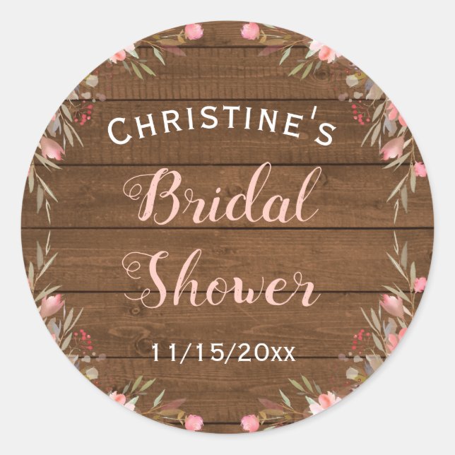 Rustic Floral Wood Country Chic Bridal Guest Favou Classic Round Sticker (Front)