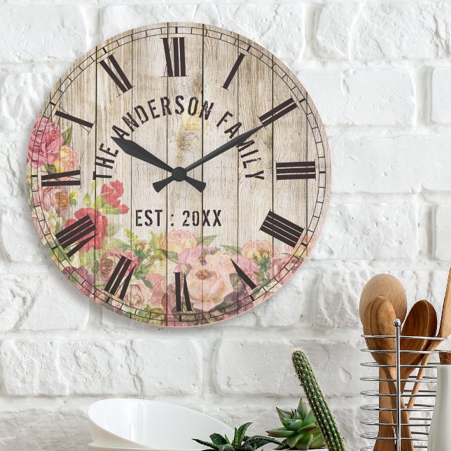 Rustic Floral Wood Custom Family Name Farmhouse Round Clock (Creator Uploaded)