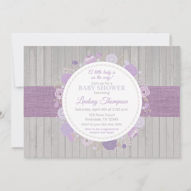 Rustic Floral Wood Girl Purple Baby Shower Invitation (Front)