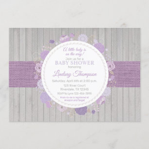 Rustic Floral Wood Girl Purple Baby Shower Invitation