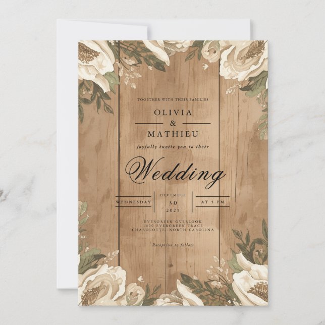 Rustic Floral Wood Grain Wedding Invitation (Front)