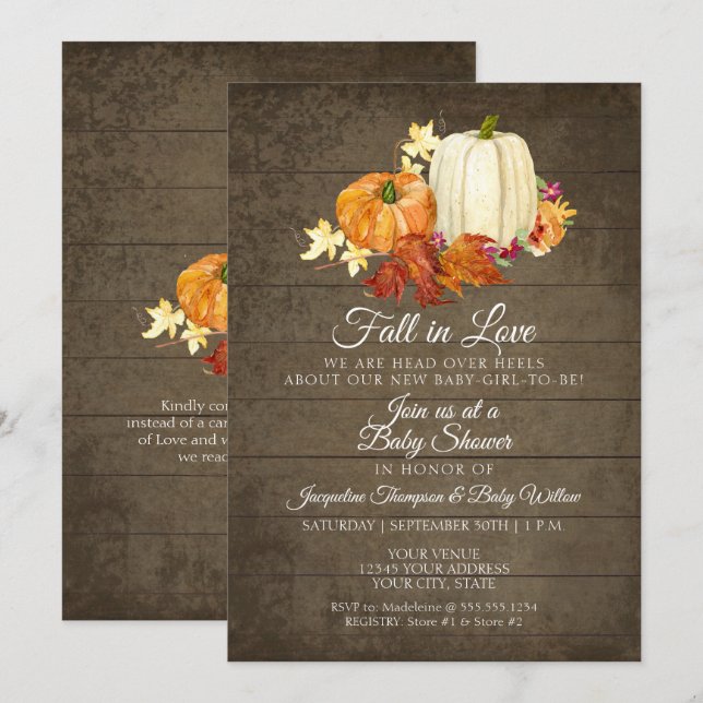 Rustic Floral Wood n Pumpkins Girl Baby Shower Invitation (Front/Back)