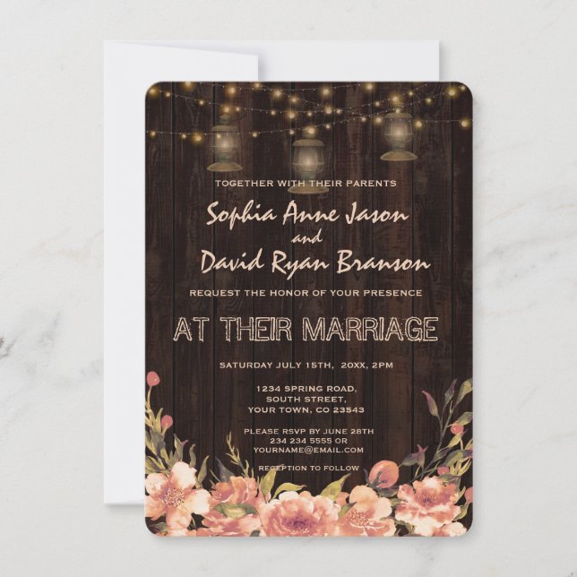 Rustic Floral Wood Old Lanterns Wedding Invite (Front)