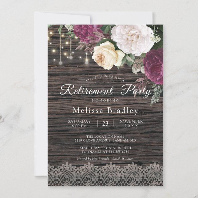 Rustic Floral wood Retirement Party Invitation (Front)