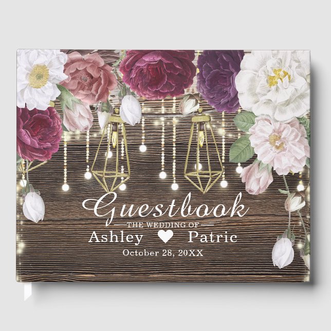 Rustic Floral Wood String lights Wedding Guest Book (Front)