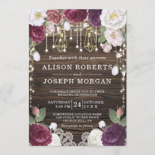 Rustic Floral Wood String lights Wedding Invitation